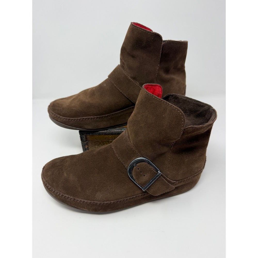 FitFlop Mukluk Brown Suede Ankle Boots Red Lining Microwobbleboard Womens 10